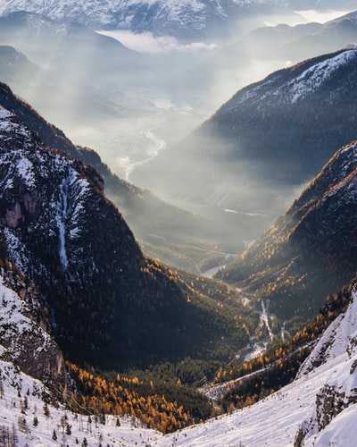 雪山间绿树成荫的山谷航拍照片